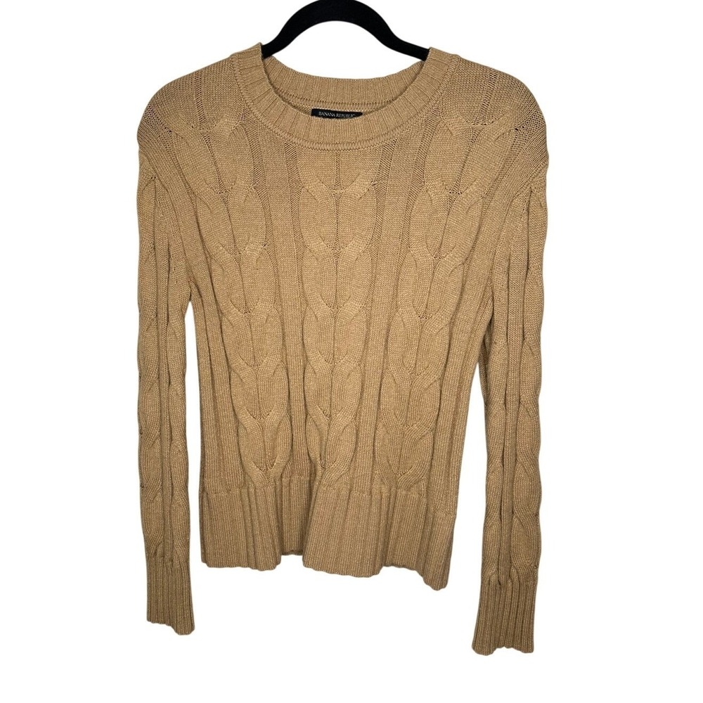 Banana Republic Cable Knit Sweater Womens S Tan Chunky Crewneck Pullover Preppy